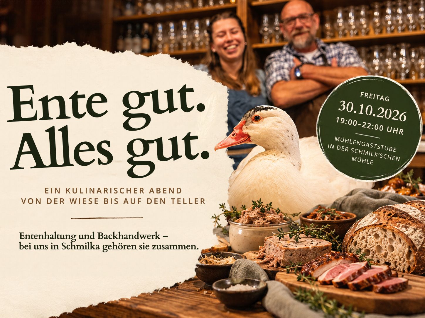 Veranstaltungsplakat „Ente gut. Alles gut.“ mit Ente, Entenspezialitäten und Sauerteigbrot für den kulinarischen Abend in Schmilka.